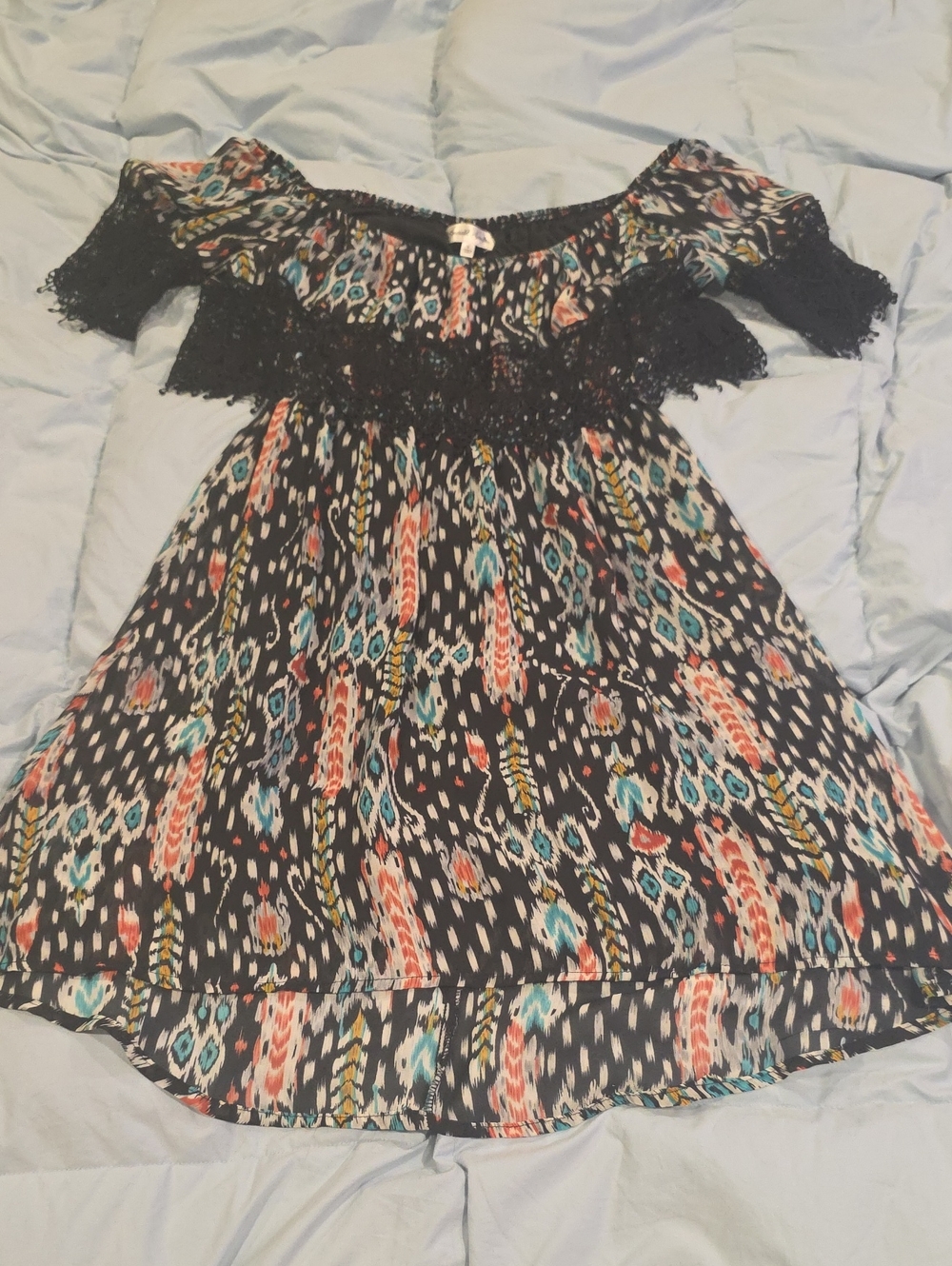 Off-Shoulder Black Patterned Dress with Lace Trim